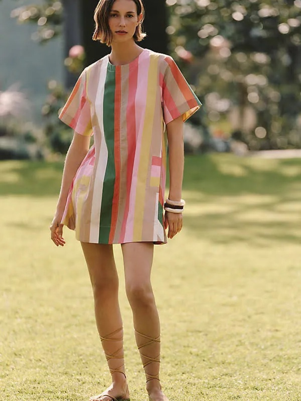 Maeve Vertical Stripe Mini Dress in Pink, Green and Yellow